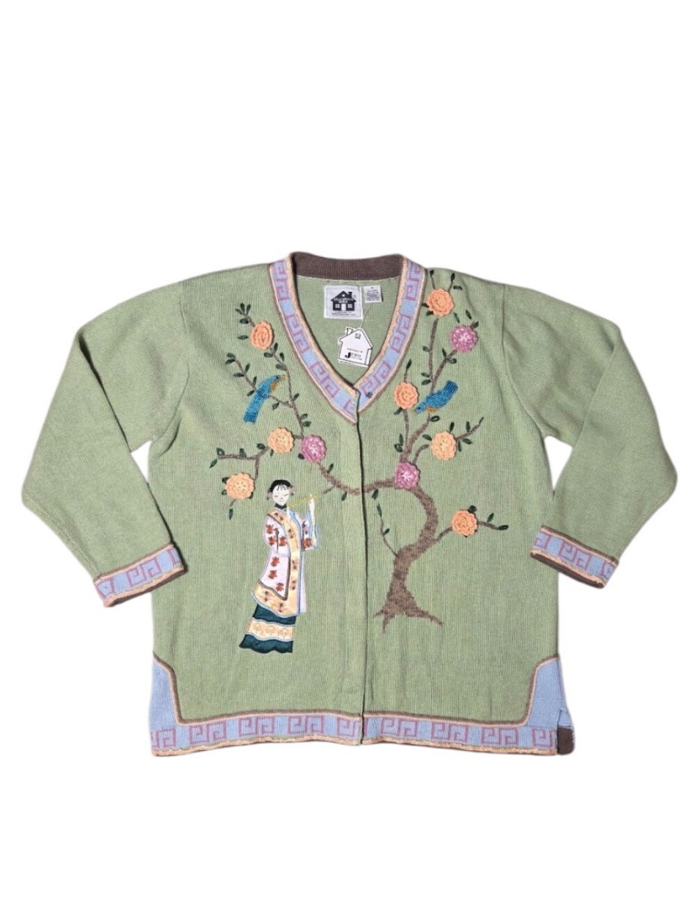 NWT Storybook Knits Asian Geisha Oriental 3d Sweater 1X Green Y2k 80s 90s Beads